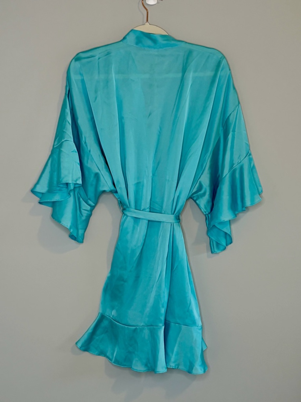 Victoria's Secret Turquoise Satin Kimono Robe with Tie M/L Ruffle Sleeve Hem - Picture 2 of 7